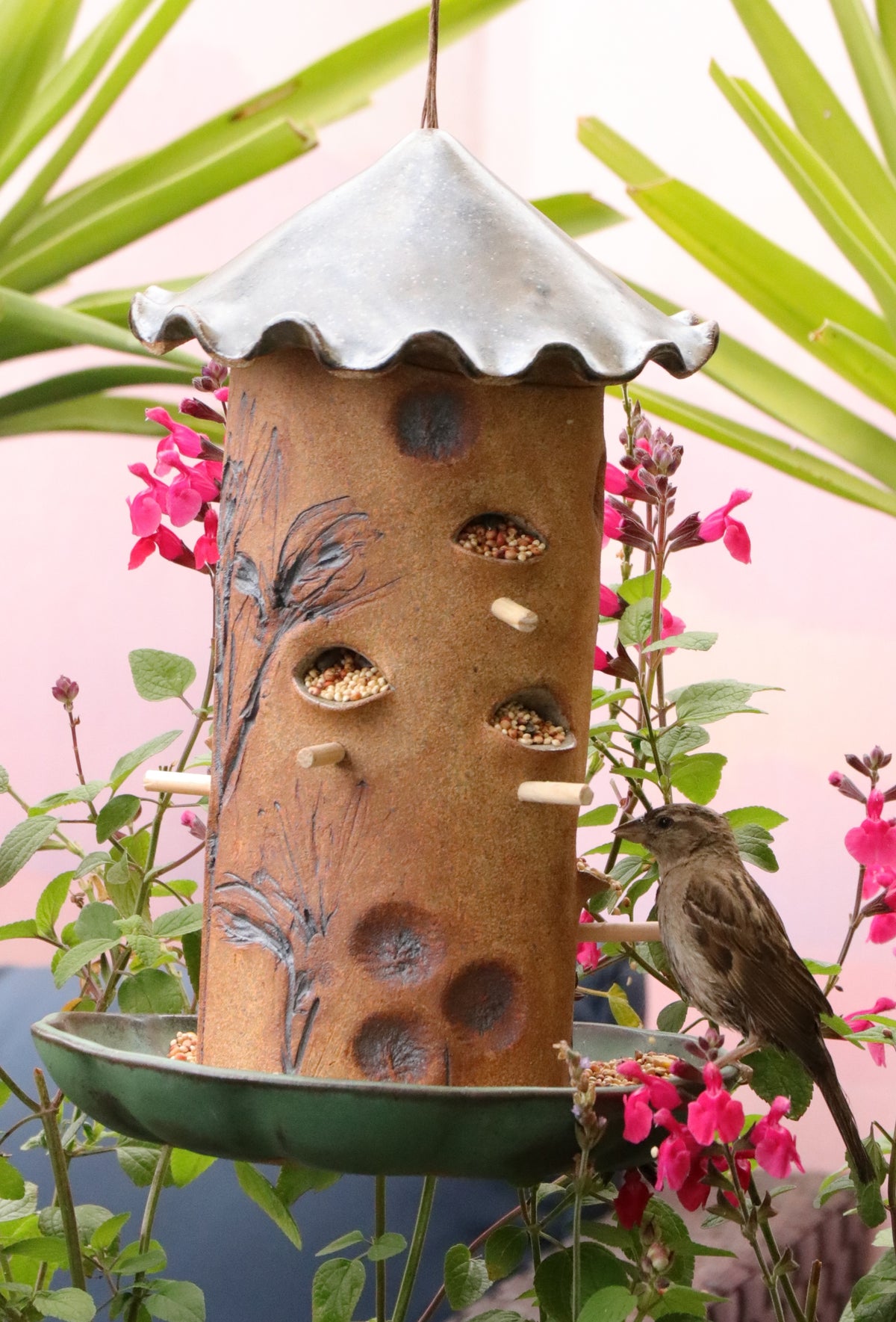 Ceramic Seed Bird Feeder - Rustic Iron Green