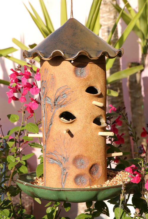Ceramic Seed Bird Feeder - Rustic Iron Green