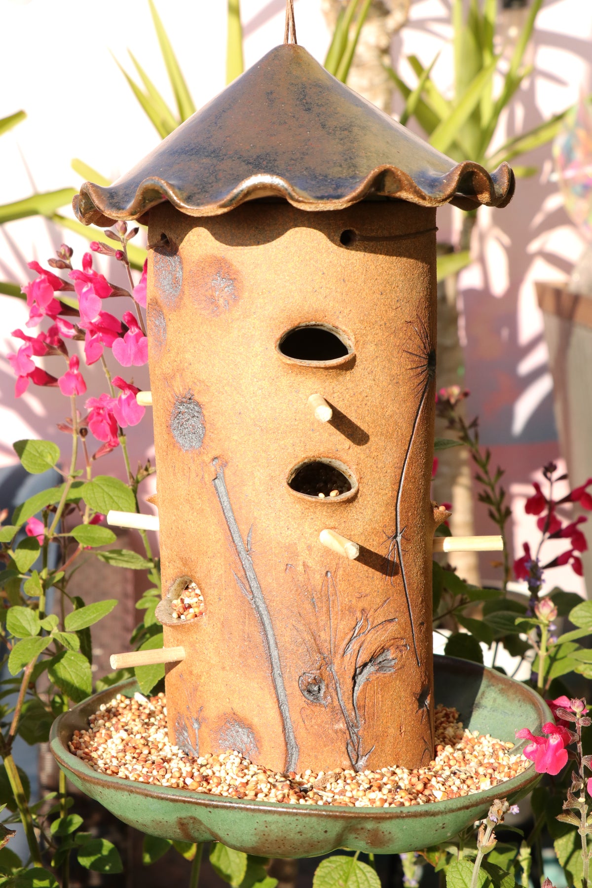 Ceramic Seed Bird Feeder - Rustic Iron Green