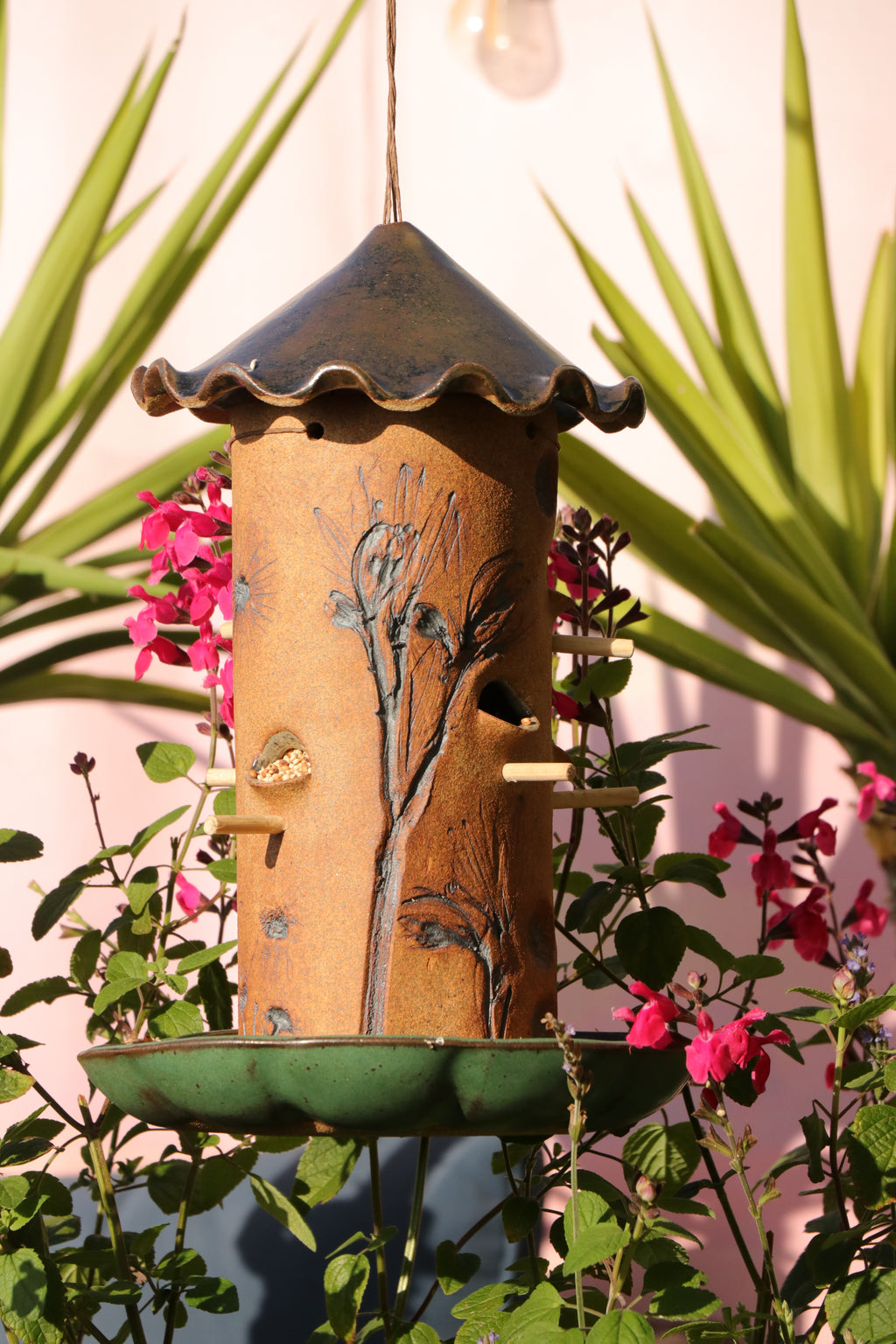 Ceramic Seed Bird Feeder - Rustic Iron Green