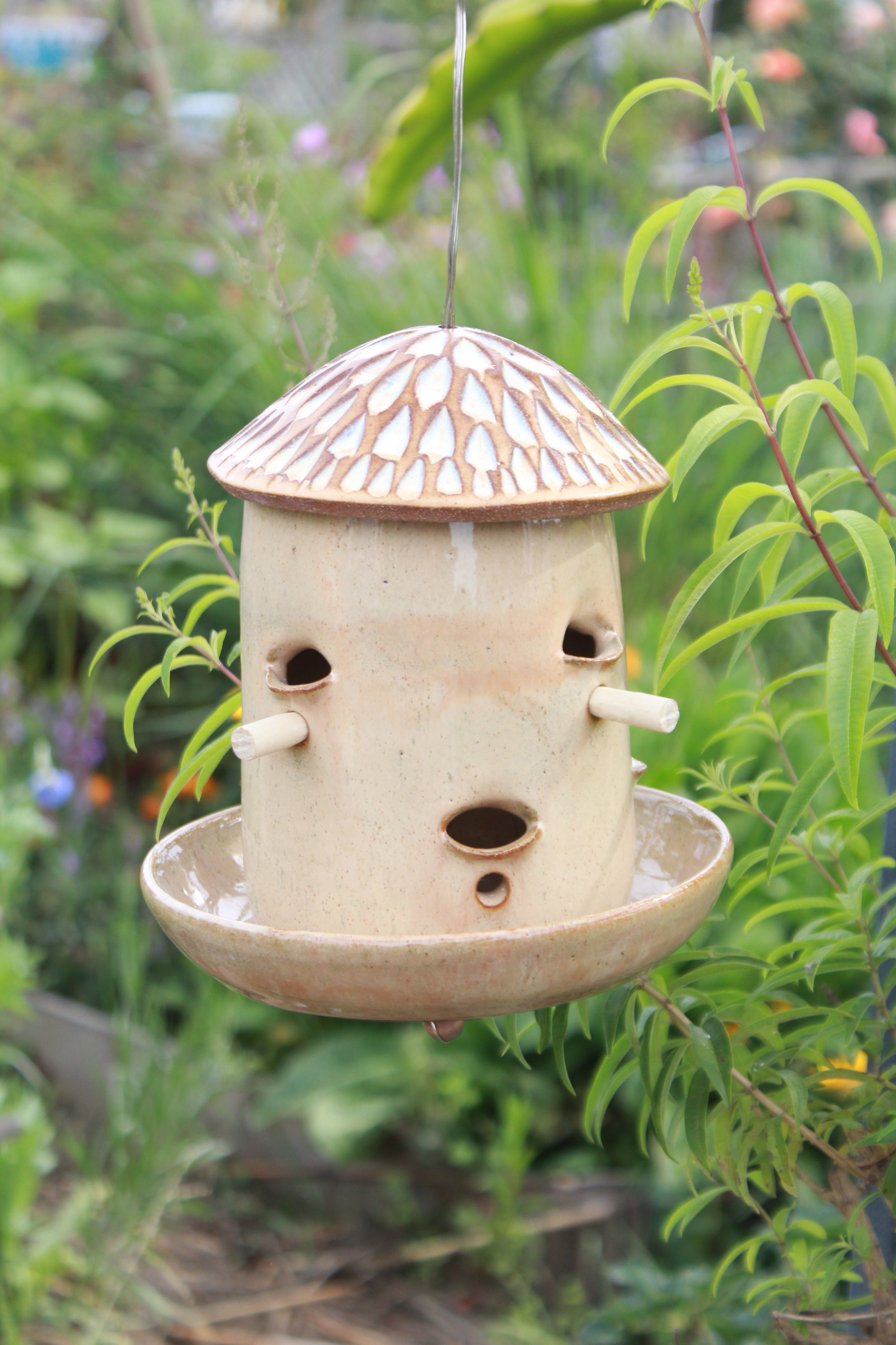 Ceramic Seed Bird Feeder - Carved Desert