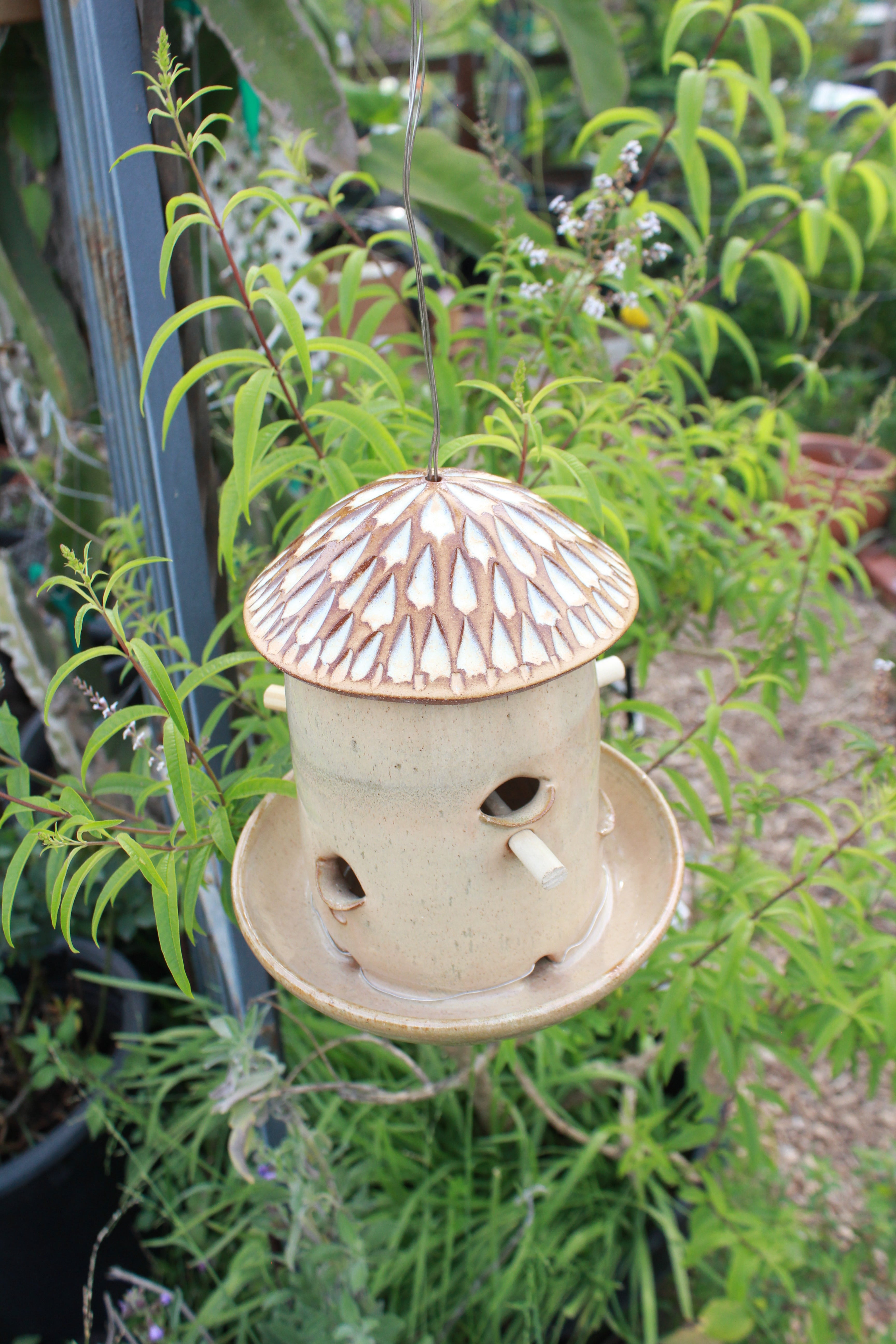 Ceramic Seed Bird Feeder - Carved Desert
